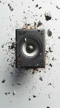 Explosive sound wave with shattered speaker parts in dynamic display of energy and motion photo