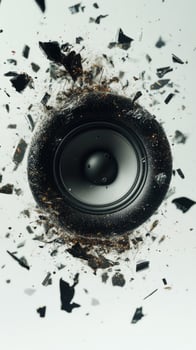 Explosive sound wave with shattered speaker parts in dynamic display of energy and motion photo