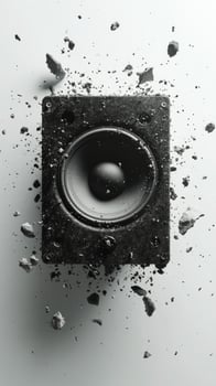 Explosive sound wave with shattered speaker parts in dynamic display of energy and motion photo