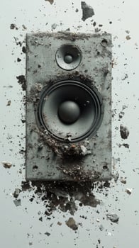 Explosive sound wave with shattered speaker parts in dynamic display of energy and motion photo