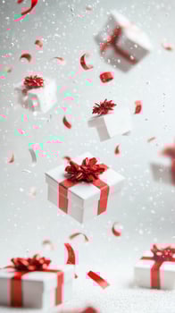 Gift boxes and decorations falling amidst snowflakes in a festive atmosphere during winter photo