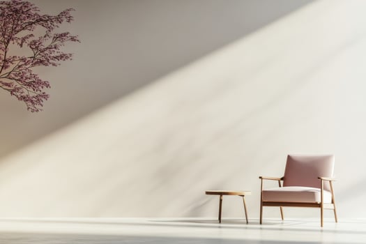 Bright and minimalistic interior design featuring a cozy seating area with natural elements photo