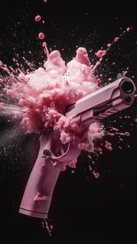 Pink explosion from a gun creating vibrant splashes in a dark setting photo