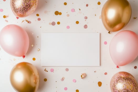 Celebratory decoration featuring pink and gold balloons with confetti on a blank background photo