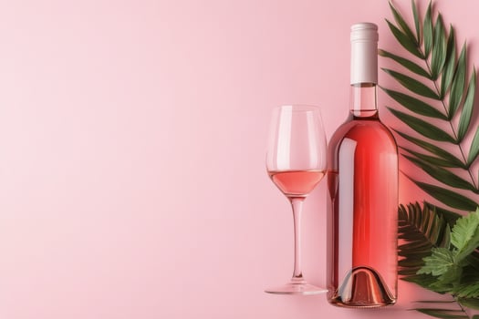 Refreshing rose wine served elegantly with tropical leaves against a pink backdrop photo