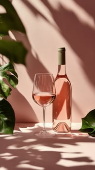 Elegant display of rose wine and glass on a soft pink background in natural light photo