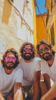Friends enjoy a sunny day outdoors wearing stylish sunglasses and casual outfits photo