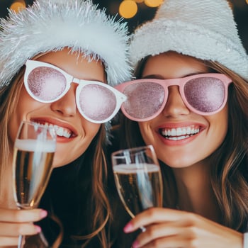Friends celebrating with festive hats and sparkling drinks at a holiday gathering photo