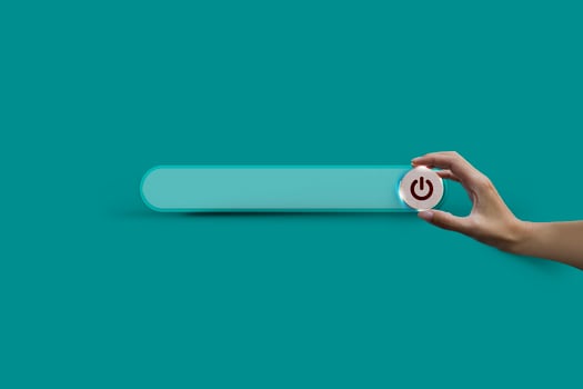 Search bar and hand hold wooden button to turn off, closed, and shut down on green pastel soft background with copy space. Care of the Environment. Earth Day Concept photo