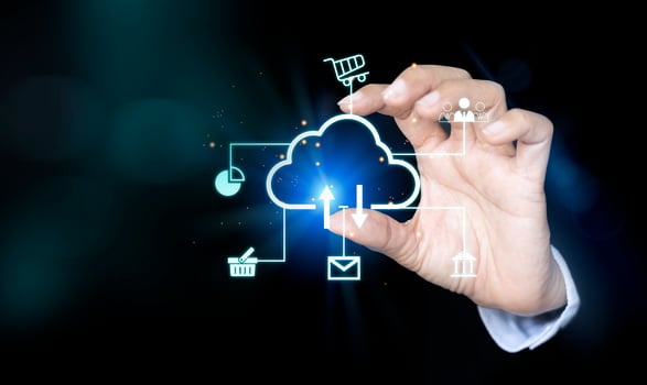 hand holding cloud computing icons on black background photo