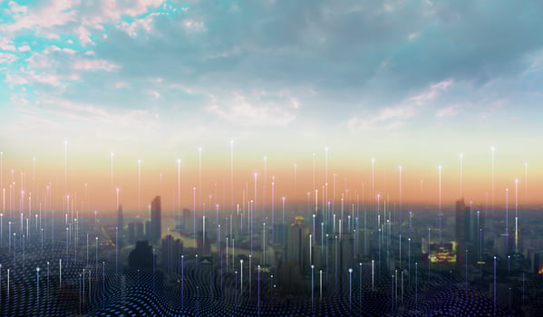 City scape with connecting dots for networking and communication. photo