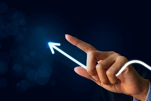 Hand touching development to success and growing growth. Businessman pointing arrow graph corporate future growth plan photo