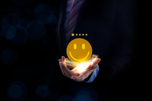 Hand businessman show happy smile relax face, good feedback rating, think positive, customer review, assessment, satisfaction customer. photo