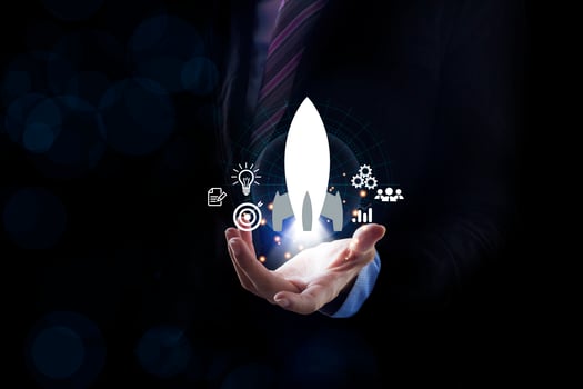 Startup business concept, Businessman control white rocket. Fast business success. Network connection on city background. photo