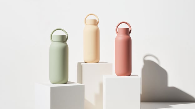 Stylish reusable water bottles on display with minimalistic design and pastel colors in bright light setting photo