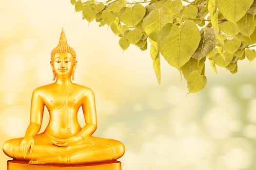 a golden statue of buddha sitting on a wooden base photo