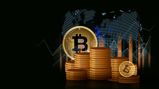 bitcoin and gold coins on a dark background with a world map and graphs photo