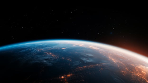 View of Earth from space highlighting atmospheric layers and glowing city lights during twilight photo