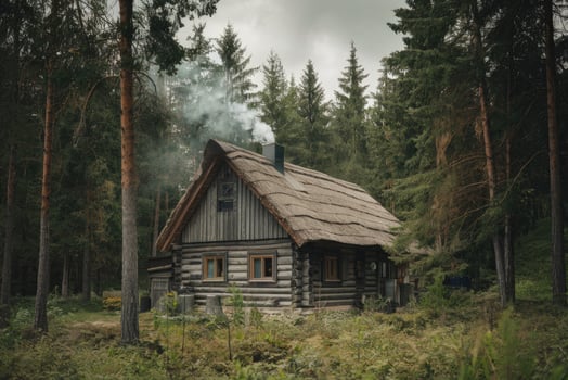 Cozy wooden cabin with smoking chimney in a coniferous forest photo