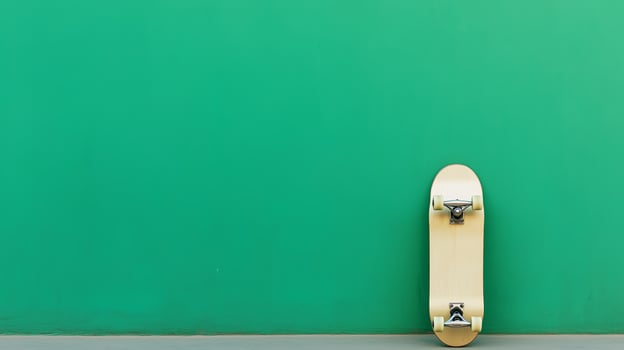 Skateboard resting against a bright green wall in an urban setting for a creative backdrop photo
