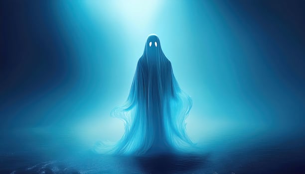 Mysterious ghostly figure in ethereal blue light over water photo