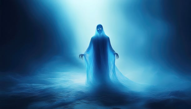 Eerie ghostly apparition in misty blue light with glowing eyes photo