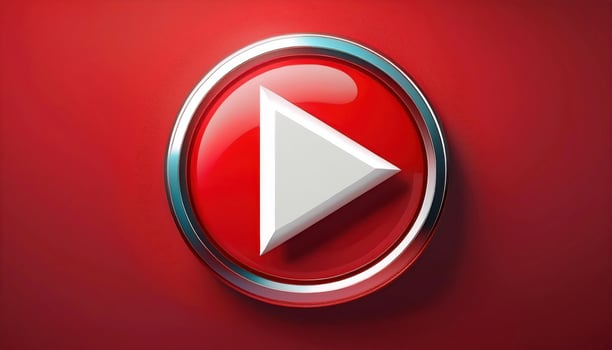 Red play button icon with metallic ring on glossy surface photo