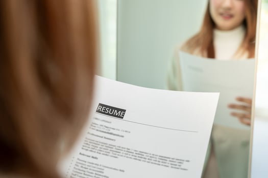 Beautiful woman preparing before job interview, building confidence, job applicants resume to position vacancies, find human. Human resource, letters, competence, new graduate, looking for work photo