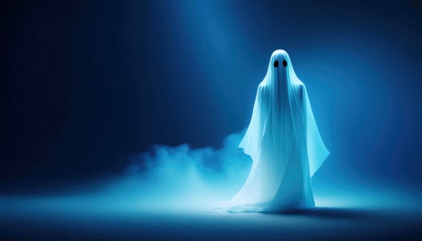 Ethereal ghostly figure in blue misty light with glowing eyes photo