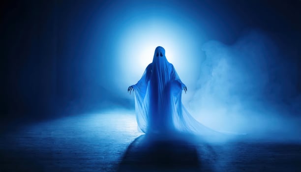 Mysterious ghostly figure in blue misty environment photo
