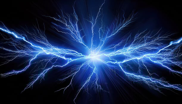 Vibrant blue lightning bolts in dark sky photo