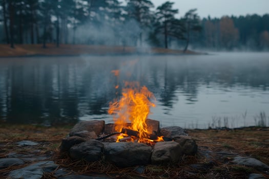 Serene Lakeside Campfire in Misty Forest for Tranquil Outdoor Experiences photo