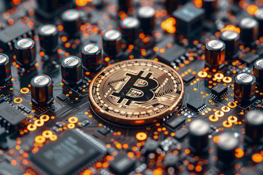 Cryptocurrency Concept with Bitcoin on Circuit Board for Finance and Technology Design photo