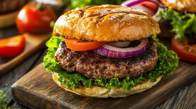 Front view of delicious burger photo with beef, onion, lettuce and tomato