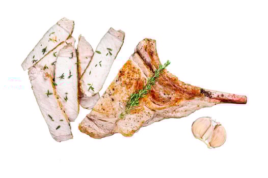 Sliced bbq rib pork chop meat steak. Isolated on white background, Top view. photo