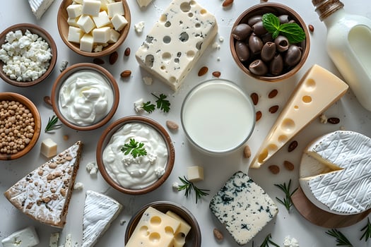 Gourmet Cheese and Dairy Selection with Nuts and Herbs for Culinary Inspiration photo