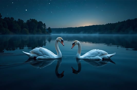 Two swans swim water of lake starry night sky in background photo