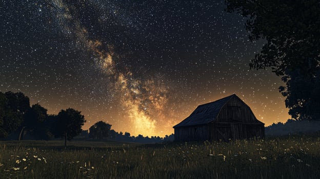 Starry Night Sky over Rustic Barn Peaceful Rural Landscape photo