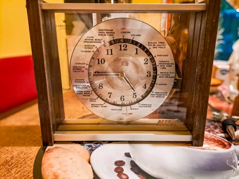 The dial of an old antique clock with the indicated hours in major cities world photo