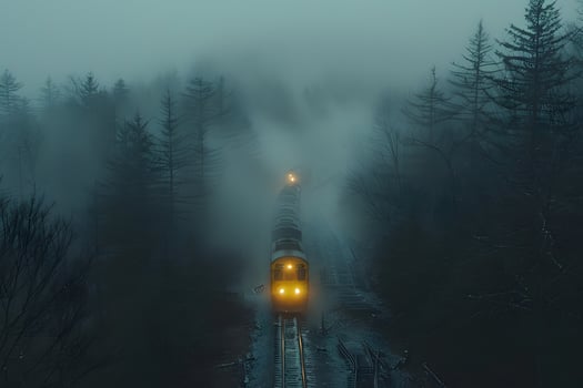 Foggy Train Journey Through Forest Mystery and Adventure Mood photo