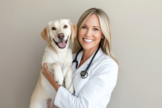 Smiling veterinarian holding a labrador retriever in a clean clinic setting during daytime photo