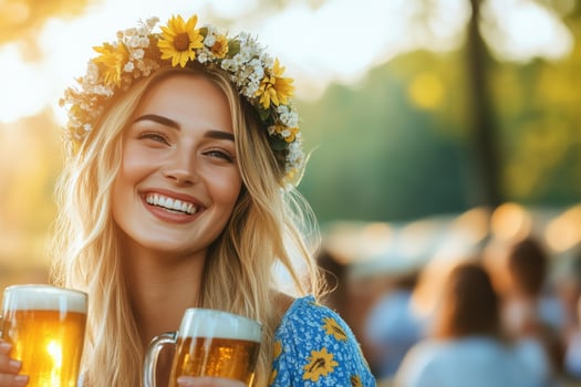 Young woman smiling joyfully while holding two beer mugs against a light blue background photo
