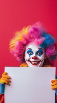 Colorful clown with vibrant wig holds sign in front of bright pink background photo