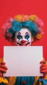 Colorful clown with vibrant wig holds sign in front of bright pink background photo