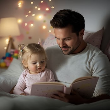 Father reading a story to his daughter in a cozy bedroom with warm lights photo