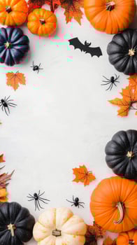 Colorful pumpkins and Halloween decorations arranged for festive celebration preparation photo
