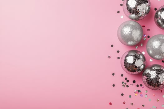 Shimmering disco balls glisten on a pink surface with confetti scattered around photo