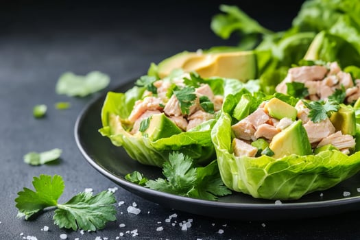 Fresh chicken salad served in lettuce cups with avocado and cilantro garnish for healthy dining photo