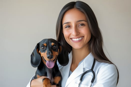 Smiling veterinarian holds a happy dachshund in a bright clinic setting photo