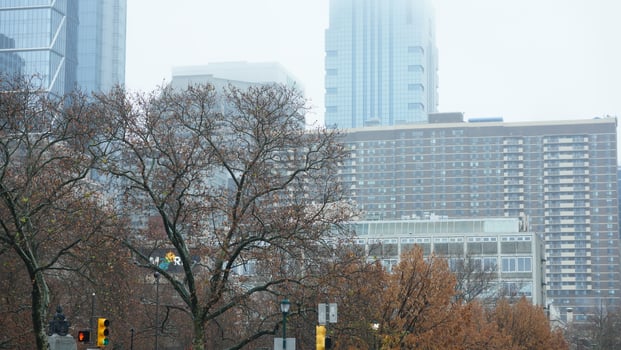 The beautiful Philadelphia city view in the rainy winter day photo